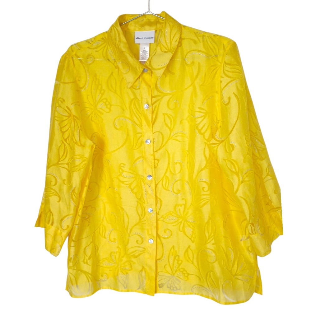 Vintage Alfred Dunner Yellow Butterfly Burnout Button Down Shirt Womens‎ Medium